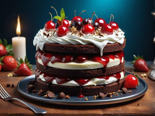 black forest cake,black forest,christmas cake,black forest cherry roll,strawberries cake,red velvet cake,torte,currant cake,cassata,chocolate layer cake,food photography,birthday cake,a cake,mystic light food photography,cherrycake,pepper cake,pavlova,stack cake,red cake,dobos torte,Photography,General,Realistic