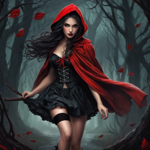 red riding hood,little red riding hood,red coat,gothic woman,red cape,red tunic,vampire woman,scarlet witch,queen of hearts,vampire lady,the enchantress,sorceress,gothic fashion,lady in red,fairy tale character,fantasy picture,witch broom,fantasy art,red shoes,celebration of witches,Conceptual Art,Fantasy,Fantasy 34