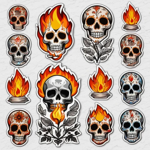 day of the dead icons,fire logo,clipart sticker,halloween icons,icon set,fire background,skulls and,smouldering torches,set of icons,skulls bones,skulls,incenses,fire screen,stickers,inflammable,flammable,drink icons,fireplaces,scull,fires,Unique,Design,Sticker