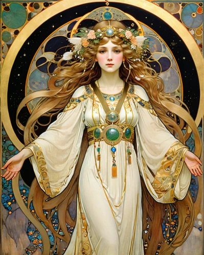 mucha,alfons mucha,art nouveau,art nouveau design,priestess,the prophet mary,goddess of justice,golden wreath,rusalka,artemisia,the angel with the veronica veil,the snow queen,athena,suit of the snow maiden,the enchantress,cybele,accolade,artemis,minerva,sorceress,Art,Artistic Painting,Artistic Painting 32