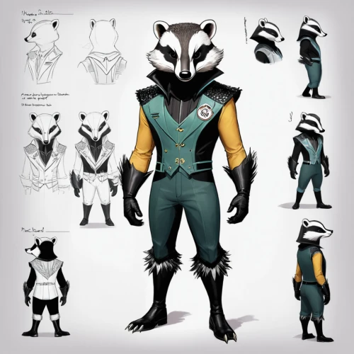 costume design,rocket raccoon,concept art,north american raccoon,badger,suit of spades,grey fox,raccoon,raccoons,mustelid,snares penguin,anthropomorphized animals,wolverine,the suit,jumpsuit,kryptarum-the bumble bee,ring-tailed,development concept,mustelidae,concepts,Unique,Design,Character Design