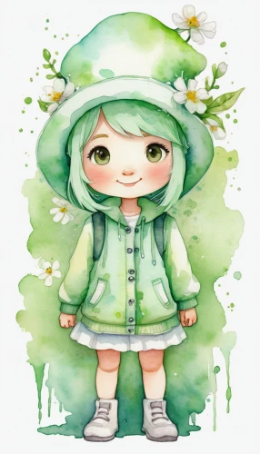marie leaf,chibi girl,parka,kids illustration,spring leaf background,hoodie,ginko,watercolor baby items,raincoat,green tree,forest clover,snowdrop,chibi,garden gnome,apple mint,rain suit,chibi kids,child fairy,hooded,chibi children,Illustration,Paper based,Paper Based 06