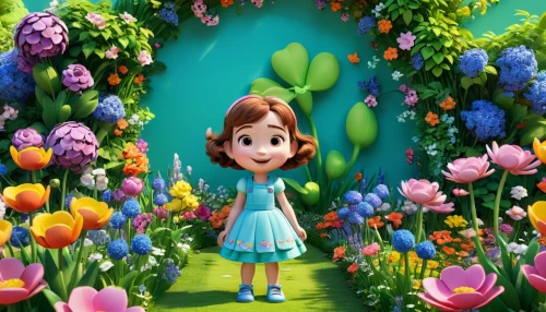 clove garden,flower background,spring background,cartoon flowers,girl in flowers,children's background,springtime background,agnes,flower garden,flower wall en,cute cartoon character,cute cartoon image,alice in wonderland,paper flower background,wonderland,field of flowers,the little girl's room,little girl fairy,sea of flowers,clover meadow,Unique,3D,3D Character