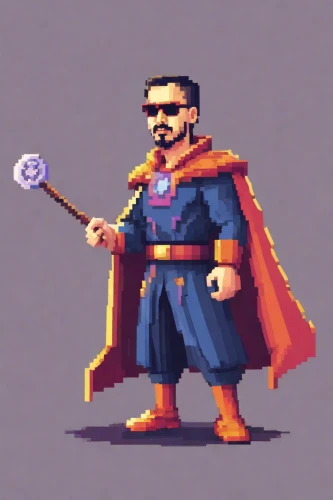 celebration cape,shopkeeper,pixel art,superman,magus,emperor of space,swordsman,janitor,caped,wizard,magistrate,aesulapian staff,lando,judge hammer,specman,game character,3d man,bard,super dad,mage