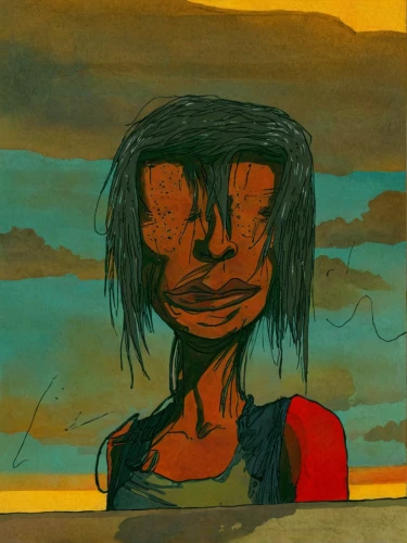 girl on the dune,post-it,little girl in wind,dried up,woman in the car,weary,head woman,post-it note,human head,scarecrow,crocodile woman,postit,girl in a long,aborigine,self portrait,mixed media,woman of straw,dried,old woman,oil paint,Illustration,Realistic Fantasy,Realistic Fantasy 06