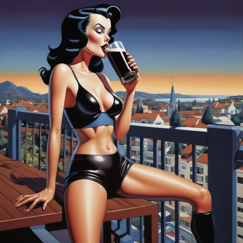 newcastle brown ale,irish coffee,woman drinking coffee,barmaid,retro pin up girl,cigarette girl,liqueur coffee,i love beer,retro pin up girls,pin ups,pin-up girl,pin up girl,retro women,retro woman,woman with ice-cream,david bates,black and tan,beer,french coffee,pin-up model,Illustration,American Style,American Style 05