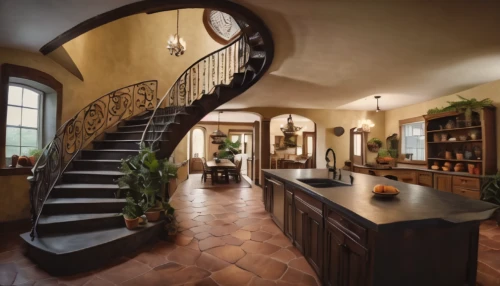 winding staircase,circular staircase,kitchen design,kitchen interior,wooden stair railing,home interior,outside staircase,luxury home interior,hardwood floors,kitchen remodel,wine cellar,staircase,dark cabinetry,interior design,victorian kitchen,wooden stairs,stone stairs,vintage kitchen,cabinetry,ceramic floor tile