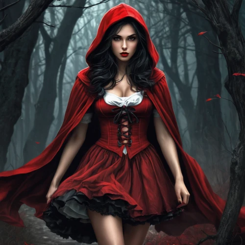 red riding hood,little red riding hood,red coat,gothic woman,red tunic,vampire woman,queen of hearts,red cape,vampire lady,gothic portrait,lady in red,gothic fashion,sorceress,the enchantress,scarlet witch,gothic dress,red gown,man in red dress,fairy tale character,black forest,Conceptual Art,Fantasy,Fantasy 34