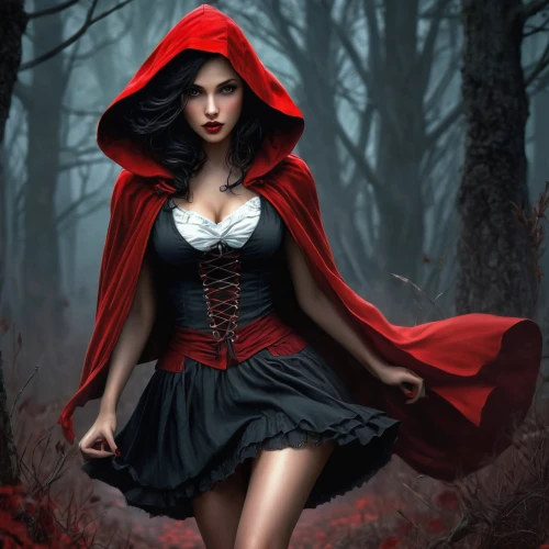 red riding hood,little red riding hood,red coat,gothic woman,red cape,vampire woman,queen of hearts,red tunic,vampire lady,lady in red,gothic fashion,gothic portrait,man in red dress,sorceress,scarlet witch,gothic dress,the enchantress,red shoes,fairy tale character,red gown,Conceptual Art,Fantasy,Fantasy 34