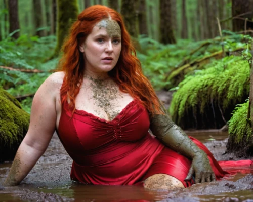 rusalka,faery,celtic woman,celtic queen,faerie,the enchantress,dryad,water nymph,sorceress,crocodile woman,missisipi aligator,firestar,red cedar,red skin,the blonde in the river,fantasy woman,in the forest,mother nature,red tunic,paganism