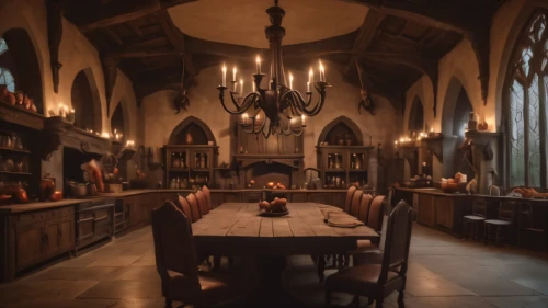 dining room,medieval architecture,wine tavern,wooden church,haunted cathedral,blood church,medieval,church faith,fine dining restaurant,gnomes at table,apothecary,tablescape,victorian kitchen,wooden beams,candlemaker,breakfast room,wine cellar,house of prayer,tavern,the kitchen,Photography,General,Cinematic