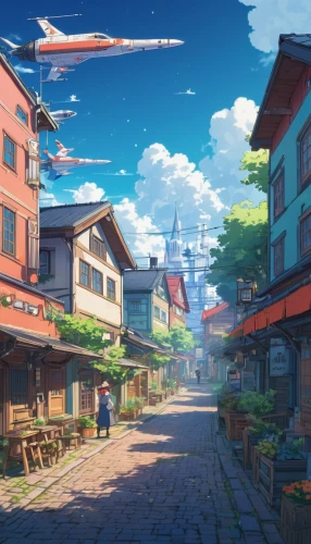 violet evergarden,meteora,studio ghibli,aurora village,izakaya,kyoto,tsukemono,spa town,japan landscape,wooden houses,street scene,skyscraper town,colorful city,japanese background,bukchon,kanazawa,shopping street,seaport,darjeeling,honolulu,Illustration,Japanese style,Japanese Style 03