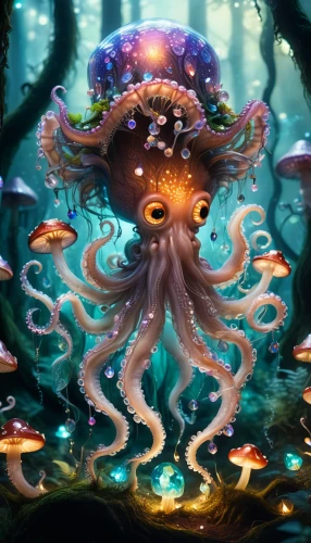 cuthulu,octopus,kraken,cnidaria,medusa gorgon,fun octopus,cephalopod,nautilus,octopus tentacles,apiarium,under sea,deep sea nautilus,medusa,coral guardian,cnidarian,tentacles,squid game card,sea god,god of the sea,calamari,Illustration,Realistic Fantasy,Realistic Fantasy 02