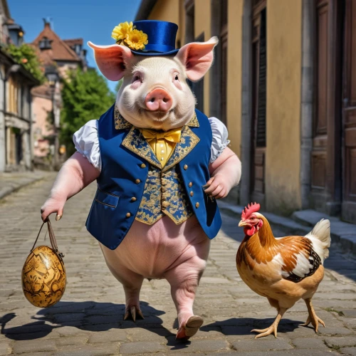 animals play dress-up,easter festival,puy du fou,pig's trotters,pubg mascot,anthropomorphized animals,barnyard,oktoberfest celebrations,piggybank,bayonne ham,porker,town crier,whimsical animals,suckling pig,swindon town,the pied piper of hamelin,farmyard,lucky pig,sint rosa festival,piglet,Photography,General,Realistic
