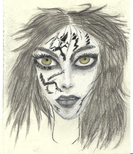 voodoo woman,goth woman,painted lady,vampire woman,zombie,gothic woman,vampire lady,female face,fantasy portrait,face paint,mystical portrait of a girl,raven girl,gothic portrait,pencil color,pencil and paper,yellow eyes,callisto,woman face,girl portrait,old art