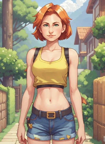 girl in overalls,overalls,kosmea,lara,countrygirl,jean shorts,farm girl,heidi country,misty,croft,game illustration,meteora,nora,retro girl,farmer,crop top,farmer in the woods,muscle woman,summer background,retro woman