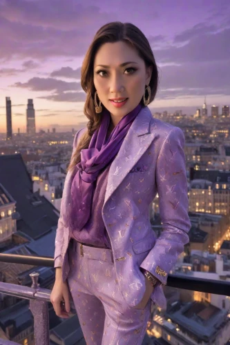 la violetta,mauve,business woman,businesswoman,purple rizantém,purple,purple background,rich purple,purple dress,city ​​portrait,purple and pink,real estate agent,newscaster,above the city,digital compositing,on the roof,purple skin,purple frame,business girl,tv reporter