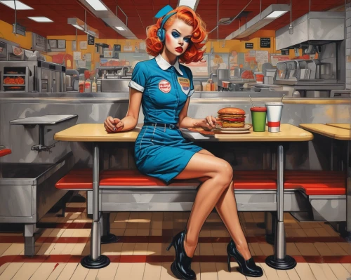 retro diner,waitress,cigarette girl,girl in the kitchen,diner,stewardess,soda shop,retro pin up girl,cashier,retro woman,pin-up girl,retro pin up girls,retro girl,pin up girl,soda fountain,nurse uniform,fast food restaurant,woman at cafe,pin up,50's style,Illustration,American Style,American Style 10