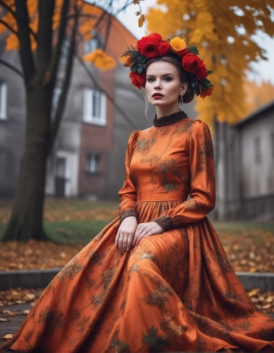 victorian lady,autumn theme,autumn photo session,russian folk style,pumpkin autumn,girl in a long dress,autumn mood,vintage woman,vintage dress,autumn background,autumn flower,orange robes,autumn color,folk costume,just autumn,red russian,autumn idyll,the autumn,orange rose,autumnal,Photography,General,Realistic