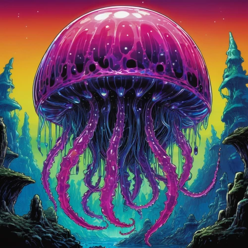 polyp,deep sea nautilus,cnidaria,orb,nautilus,deep sea,bottom of the sea,cnidarian,apiarium,cuthulu,auqarium,the bottom of the sea,jellyfish,octopus,cephalopod,three-lobed slime,undersea,tentacles,symbiotic,pink octopus,Illustration,Japanese style,Japanese Style 05