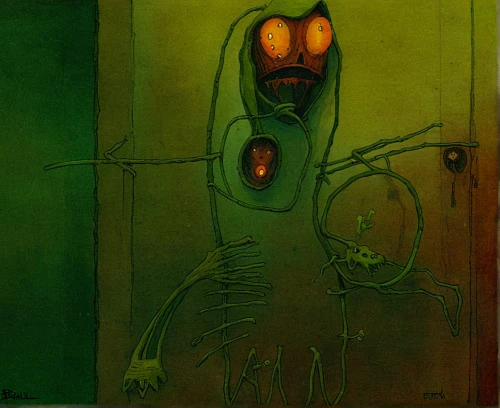 creepy doorway,dead bolt,primitive man,three eyed monster,plankton,creeper,corroded,pea soup,stoplight,ghoul,corrosion,humanoid,bogeyman,doorbell,light switch,the morgue,gas mask,zombie,effigy,hag,Illustration,Realistic Fantasy,Realistic Fantasy 06