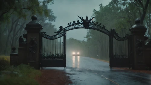 iron gate,farm gate,heaven gate,dark park,gateway,gates,fence gate,front gate,wood gate,metal gate,gate,pathway,flooded pathway,haunted forest,australian mist,eerie,walking in the rain,heavy rain,the threshold of the house,atmospheric,Photography,General,Cinematic