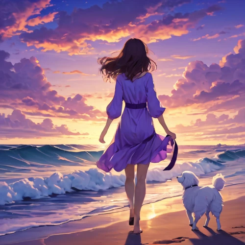 beach walk,walk on the beach,girl with dog,sailing blue purple,little girl in wind,girl walking away,purple landscape,sea breeze,beach background,by the sea,world digital painting,fantasy picture,summer evening,la violetta,sea-shore,beach scenery,beach landscape,purple background,beautiful beach,the wind from the sea