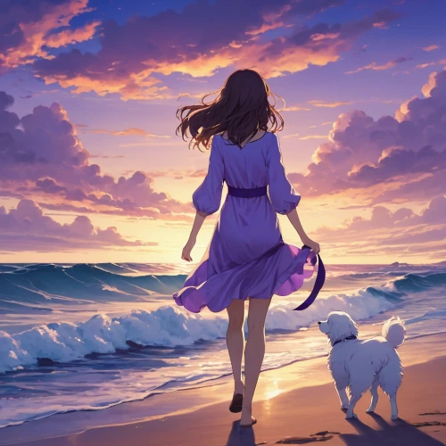 beach walk,sailing blue purple,walk on the beach,girl with dog,little girl in wind,purple landscape,sea breeze,girl walking away,by the sea,beach background,sea-shore,fantasy picture,la violetta,sea-lavender,exploration of the sea,summer evening,world digital painting,the endless sea,beach scenery,the wind from the sea,Photography,Artistic Photography,Artistic Photography 14