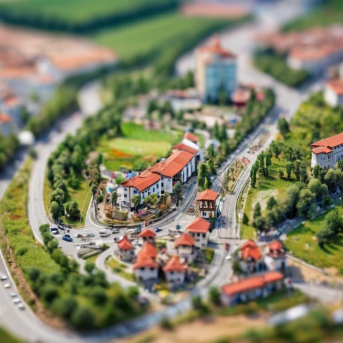 tilt shift,escher village,medieval town,alpine village,aurora village,town planning,knight village,mountain village,small towns,resort town,housing estate,aerial landscape,tiny world,town buildings,nativity village,townscape,suburban,depth of field,urban development,miniature house,Unique,3D,Panoramic