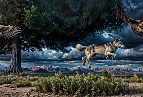howling wolf,flying dogs,wolves,photo manipulation,antelope,two wolves,photomanipulation,coyote,flying dog,grand basset griffon vendéen,wolfdog,hunting dogs,fantasy picture,photoshop manipulation,canis lupus,saarloos wolfdog,gray wolf,wolf hunting,animals hunting,european wolf