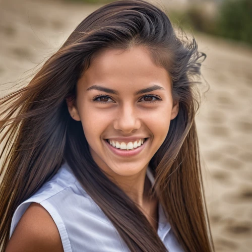 girl on the dune,peruvian women,cosmetic dentistry,a girl's smile,beautiful young woman,polynesian girl,artificial hair integrations,portrait photography,girl on a white background,management of hair loss,portrait photographers,female model,asian semi-longhair,filipino,young woman,surfer hair,beach background,girl portrait,girl in t-shirt,native american,Photography,General,Realistic