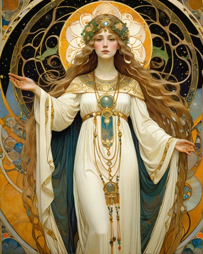 mucha,priestess,art nouveau design,art nouveau,the prophet mary,golden wreath,alfons mucha,goddess of justice,artemisia,sorceress,zodiac sign libra,celtic queen,accolade,mary-gold,athena,the angel with the veronica veil,summer solstice,solstice,minerva,helios,Art,Artistic Painting,Artistic Painting 32