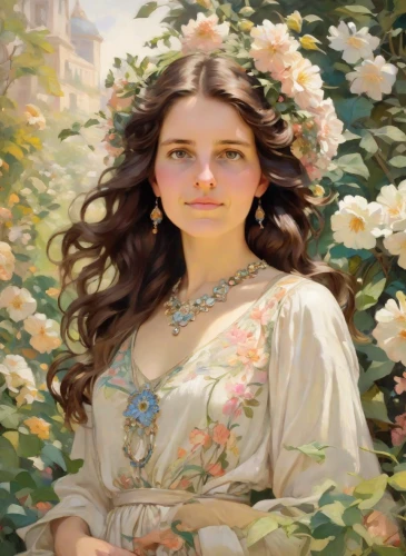 girl in flowers,beautiful girl with flowers,girl in the garden,girl in a wreath,girl picking flowers,mystical portrait of a girl,jasmine blossom,fantasy portrait,young woman,romantic portrait,portrait of a girl,bouguereau,jasmin-solanum,kahila garland-lily,fiori,blooming wreath,flora,flower girl,oil painting,emile vernon