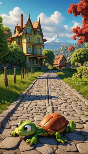 frog background,frog gathering,land turtle,running frog,maple road,home landscape,the road,turtles,home or lost,reptiles,giant frog,digital compositing,amphibians,hobbiton,3d fantasy,frog through,tangled,cartoon video game background,florida home,frog perspective on the federal road,Photography,General,Realistic