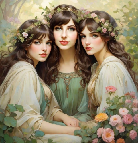 three flowers,the three graces,bouguereau,wild roses,four seasons,wreath of flowers,noble roses,triplet lily,lilies of the valley,emile vernon,florists,young women,primroses,way of the roses,fantasy portrait,vintage fairies,secret garden of venus,faery,splendor of flowers,hydrangeas