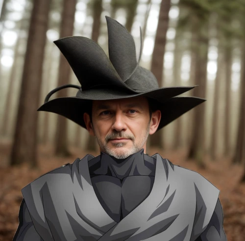 doctoral hat,witch hat,costume hat,witch's hat,stovepipe hat,witches hat,fantasy portrait,lokportrait,pointed hat,dodge warlock,conical hat,sculptor ed elliott,the hat of the woman,digital compositing,imperial coat,felt hat,forest man,king of the ravens,men hat,custom portrait