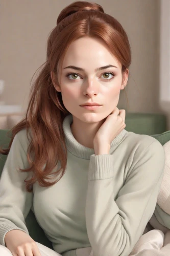 realdoll,redhead doll,3d rendered,woman sitting,model years 1958 to 1967,3d model,female model,female doll,girl sitting,cinnamon girl,young woman,digital painting,doll's facial features,model doll,3d rendering,3d render,stressed woman,portrait background,daisy 1,daisy 2