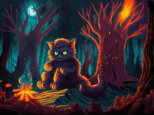 haunted forest,halloween cat,halloween background,halloween illustration,forest dark,halloween black cat,campfire,feral cat,firestar,hollyleaf cherry,torchlight,forest background,feral,forest fire,halloween scene,campfires,forest animal,tree torch,devilwood,felidae,Illustration,Realistic Fantasy,Realistic Fantasy 47