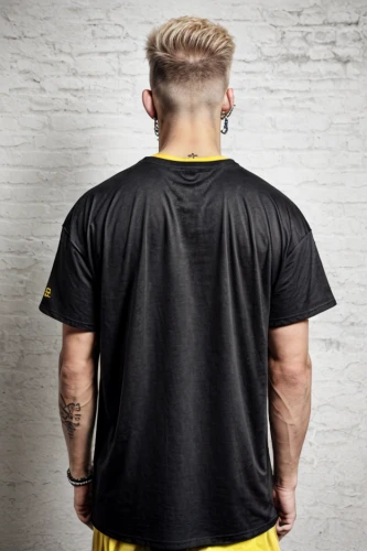 mohawk hairstyle,black yellow,long-sleeved t-shirt,sports jersey,back of head,bicycle jersey,t-shirt,cool remeras,sportswear,the back,isolated t-shirt,t shirt,sleeve,connective back,back view,premium shirt,punk design,shoulder length,back,fir tops