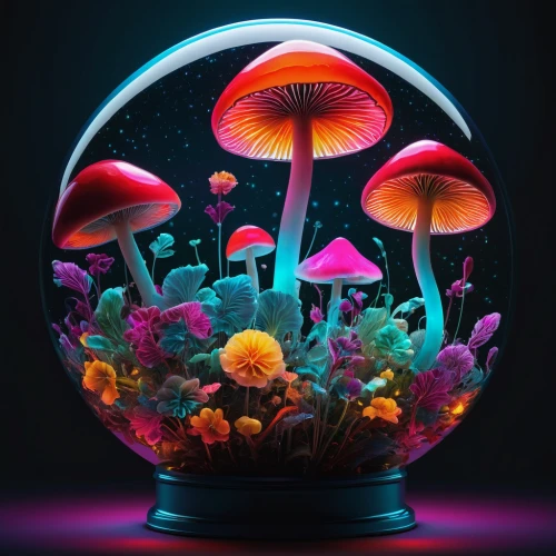 mushroom landscape,terrarium,aquarium decor,3d fantasy,psychedelic art,cinema 4d,aquarium,mushrooms,lensball,forest mushroom,club mushroom,fairy world,fairy galaxy,magical pot,flower dome,agaric,aquarium lighting,psychedelic,fishbowl,colorful glass,Photography,Artistic Photography,Artistic Photography 05