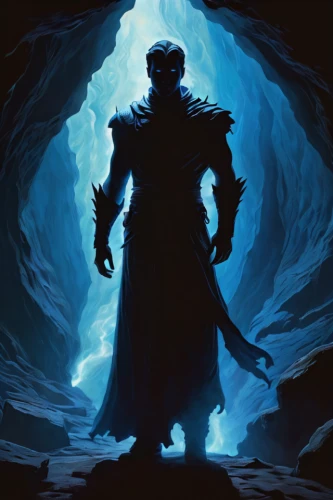 man silhouette,game illustration,the wanderer,doctor doom,stone background,hooded man,cg artwork,blue cave,dodge warlock,dane axe,twitch icon,dungeons,silhouette art,heroic fantasy,concept art,the collector,fjord,the blue caves,portrait background,magus,Illustration,Realistic Fantasy,Realistic Fantasy 03