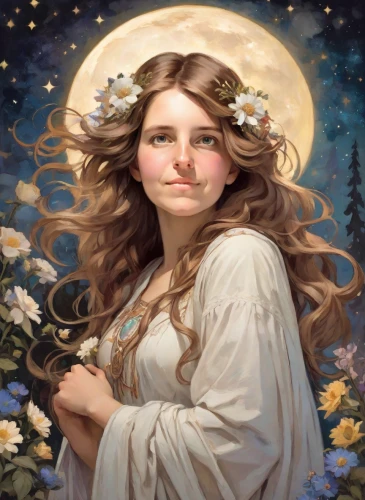 jessamine,mystical portrait of a girl,fantasy portrait,zodiac sign libra,moonflower,mucha,faerie,faery,golden wreath,girl in flowers,flower fairy,artemisia,priestess,moonbeam,fairy queen,girl in a wreath,white lady,white rose snow queen,kahila garland-lily,blue moon rose