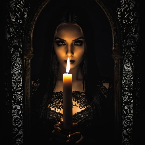 gothic portrait,gothic woman,black candle,candlelight,dark gothic mood,candlelights,candlemas,dark art,priestess,candlemaker,mirror of souls,the nun,burning candle,sorceress,gothic,gothic style,lighted candle,gothic fashion,candle,vampira,Illustration,Realistic Fantasy,Realistic Fantasy 46