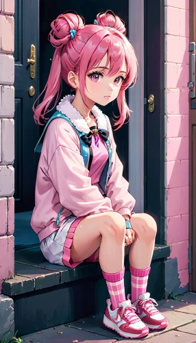 harajuku,naginatajutsu,mc,pink shoes,bulli,worried girl,mikuru asahina,anime girl,fashionable girl,kawaii,sitting on a chair,maki roll,ako,brick background,pink hair,pink background,maki,peace rose,on the phone,kawaii girl,Anime,Anime,Realistic