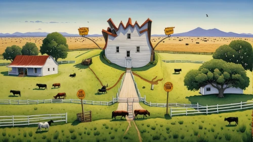 farm landscape,grant wood,farm gate,rural landscape,farm background,cattle crossing,church painting,pony farm,farmyard,country estate,hay farm,the farm,the country,alpine pastures,home landscape,pasture,cd cover,cheese factory,cattle dairy,farmstead,Illustration,Children,Children 03