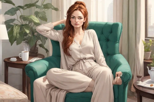woman sitting,woman on bed,woman drinking coffee,digital painting,bathrobe,pajamas,woman portrait,young woman,world digital painting,woman thinking,girl in cloth,romantic portrait,white clothing,pantsuit,girl sitting,hospital gown,portrait of a woman,woman at cafe,armchair,queen cage