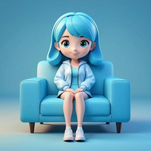 girl sitting,sitting on a chair,cute cartoon character,3d figure,hatsune miku,3d model,anime 3d,aqua,sitting,character animation,cyan,smurf figure,3d render,child is sitting,piko,3d rendered,cinema 4d,2d,matsuno,television character,Unique,3D,3D Character