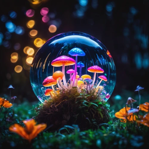 lensball,mushroom landscape,crystal ball-photography,fairy lanterns,fairy world,umbrella mushrooms,terrarium,forest mushroom,colorful light,fairy forest,colorful glass,forest mushrooms,bokeh,agaric,aquarium decor,fairy village,aquarium lighting,prism ball,tiny world,bokeh lights,Photography,Artistic Photography,Artistic Photography 04