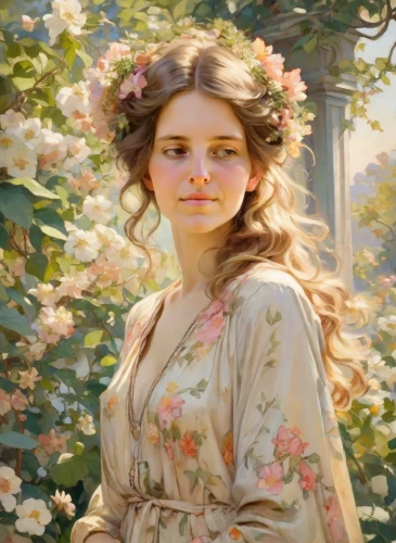 girl in flowers,girl in the garden,girl picking flowers,beautiful girl with flowers,girl in a wreath,young woman,mystical portrait of a girl,romantic portrait,emile vernon,jessamine,portrait of a girl,girl with tree,blooming wreath,flower girl,linden blossom,flora,fantasy portrait,young lady,floral wreath,springtime background