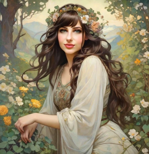 fantasy portrait,girl in flowers,girl in a wreath,bouguereau,mystical portrait of a girl,flora,emile vernon,romantic portrait,jasmine blossom,beautiful girl with flowers,girl in the garden,rusalka,artemisia,faerie,kahila garland-lily,mucha,faery,wreath of flowers,scent of jasmine,fantasy art